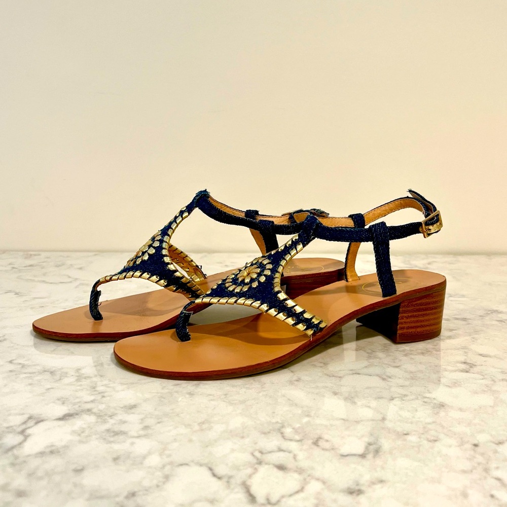 ☀️Jack Rogers denim & gold leather sandals with block heel & buckle strap. 8 ☀️